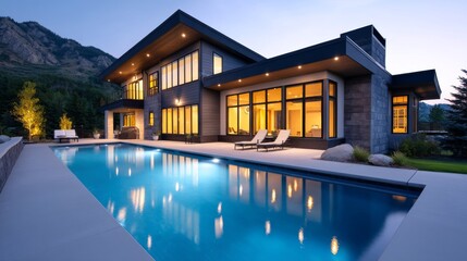Fototapeta premium Modern Mountainside Estate with Pool - Luxury home with modern architecture, large windows, and a stunning infinity pool overlooking a mountain range at dusk