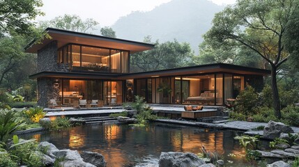 Modern stone house with pond and lush landscaping at dusk.