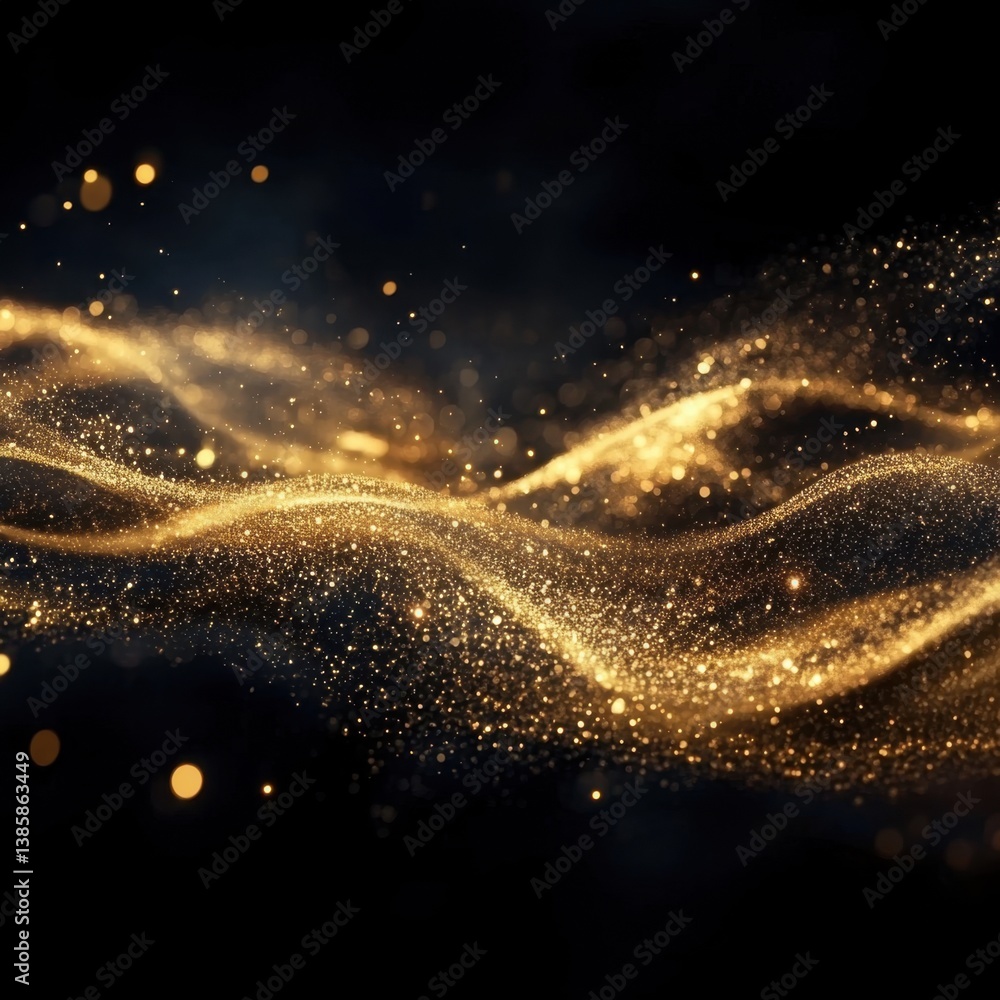 Poster golden wave of sparkling particles against a dark backdrop creating a luxurious and elegant atmosphe