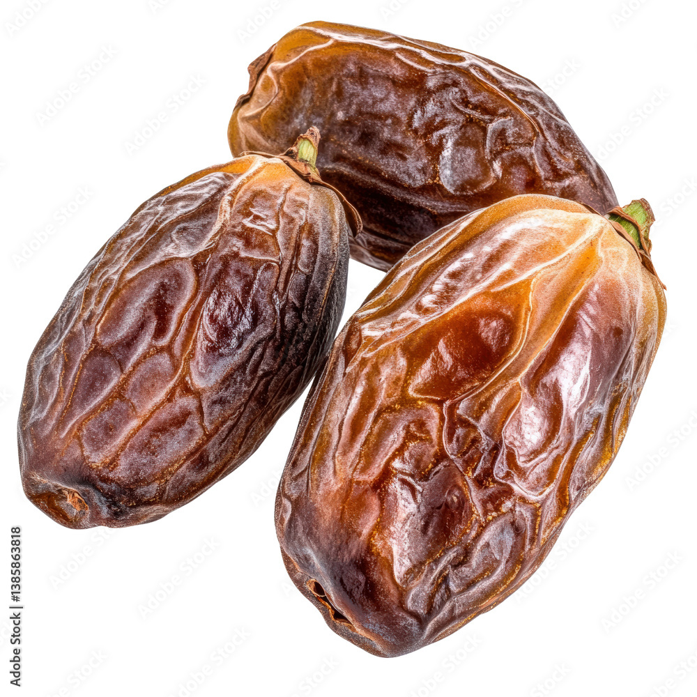 Poster three freshly harvested dates displayed on a rustic wooden surface with natural light enhancing thei