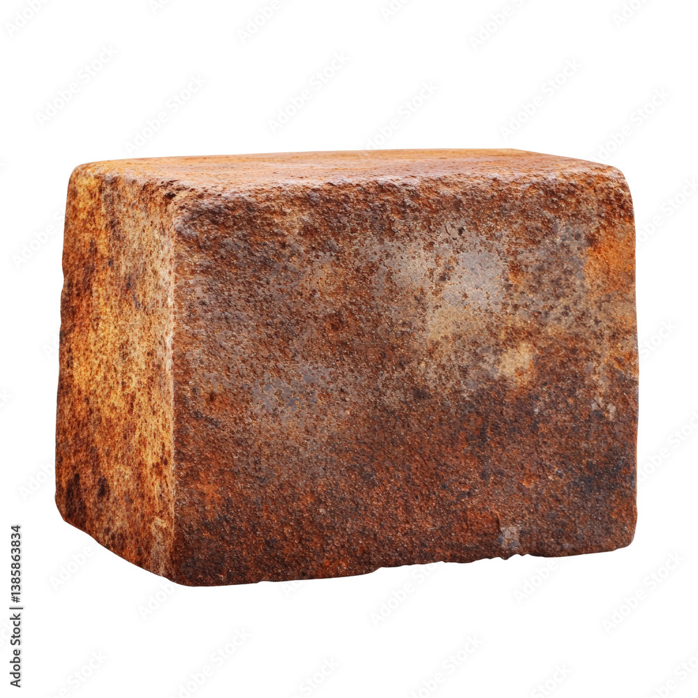 Poster close-up view of a block of rusty metal with detailed texture and color variations showing natural w