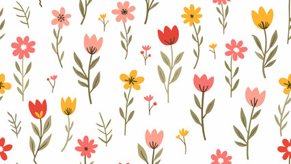 A color floral pattern with a variety of abstract leaves and flowers on a white background, perfect for spring and summer designs.