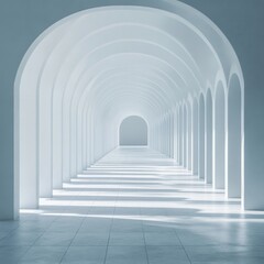 Serene architectural perspective of a long corridor with arches in minimalist white design and bright light casting shadows on the floor