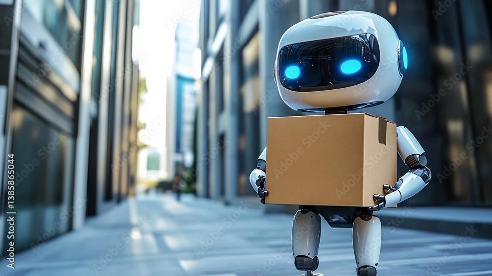 Poster self-driving robot delivering package strolling on urban sidewalk