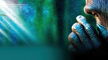 Realistic Digital Illustration of a Thoughtful Chimpanzee in a Lush Green Environment with Soft Light and Textures