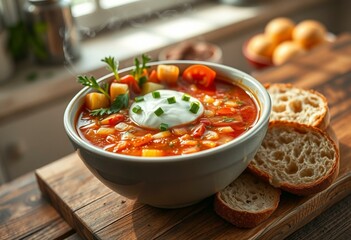 A steaming bowl of Gazpacho Soup on a rustic wooden table