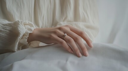 The wedding ring is on the woman's finger.