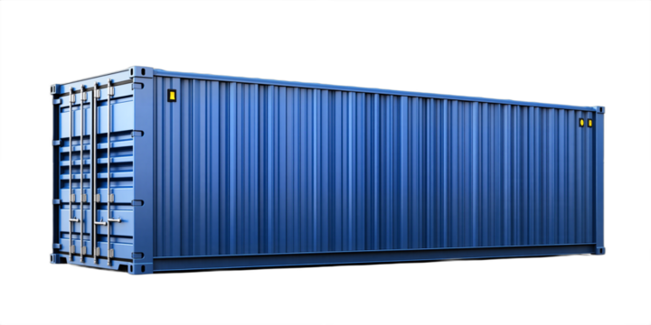 Royal blue shipping container isolated on transparent background. Modern industrial transport equipment. Ideal for logistics, freight, global trade, and supply chain visuals.