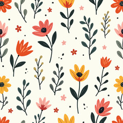 A color floral pattern with a variety of abstract leaves and flowers on a white background, perfect for spring and summer designs.