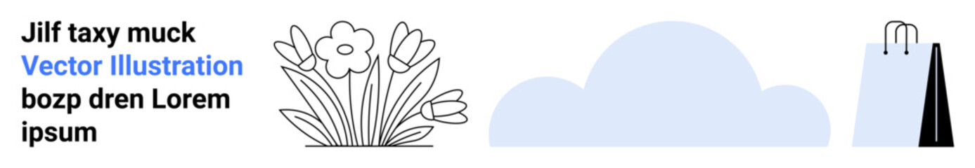 Stylized flower, fluffy cloud, and minimal shopping bag promoting nature, sustainability, eco-products, shopping, retail, environment, and a simple landing page