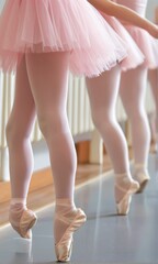 Three Ballerinas in Pink Tutus and Pointe Shoes in a Dance Studio