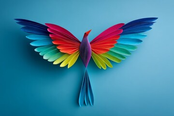Obraz premium Rainbow Paper Bird - Vibrant paper bird art, colorful wings spread wide, on a blue background. A symbol of freedom and creativity