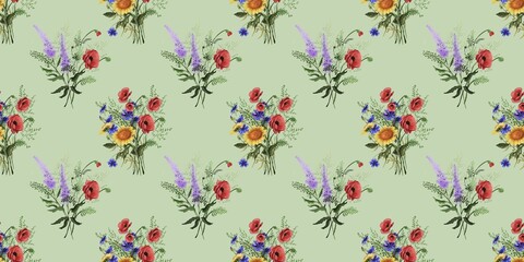 This seamless floral pattern features bouquets of red poppies, lavender, and green foliage on a green background. The watercolor-style design is delicate and elegant, ideal for textiles and wallpapers