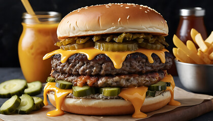 Double Cheeseburger with Melted Cheddar, Pickles, and Fries – Ultimate Fast Food Feast