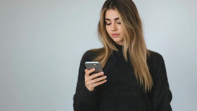 Young woman in black sweater focused on her smartphone and typing messages against plain background.