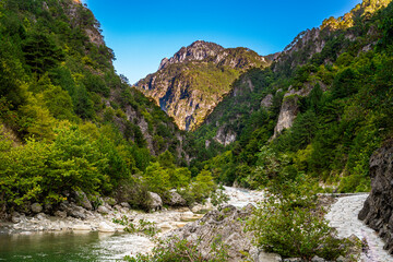 Impressive landscape from the ravine of the Aoös (or Aous) river. It flows through the Vikos–Aoös National Park in the Pindos mountain range, near the cities of Ioannina and Konitsa. Epirus. Greece.