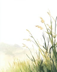 Watercolor Illustration of Grassy Meadow with Soft Background, Ideal for Prints and Wall Art