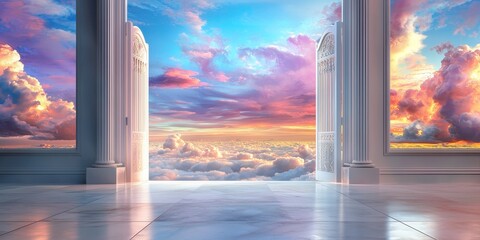 A stunning vision of the white pearly gates of heaven opening to a realm of light, surrounded by clouds.