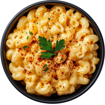 mac n cheese, with paprika, garnished with coriander, top down photography, black bowl, white background