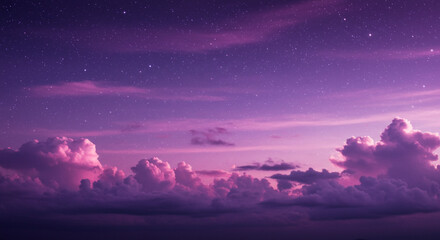 A breathtaking twilight sky painted in dreamy purple hues, where fluffy clouds drift beneath a blanket of shimmering stars, creating a serene and magical atmosphere.