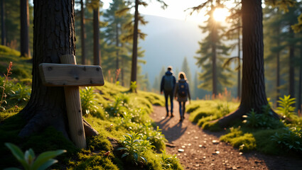 A captivating view of hikers on a serene mountain trail illuminated by the golden light of the setting sun, evoking a sense of adventure and tranquility