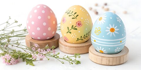 Wooden Easter eggs painted with floral patterns on wooden stands