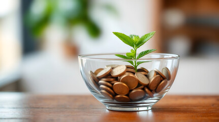 Glass bowl with gold coins and growing plant symbolizing financial success perfect for investment blogs or finance visuals