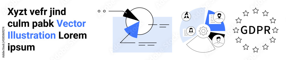 Poster charts analyzing data, gdpr badge with stars, user profiles, secure connections. ideal for security,