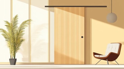 Modern Interior with Sliding Door and Green Plant