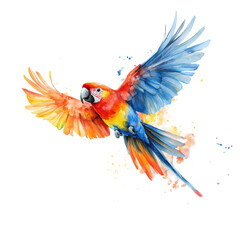 Fototapeta premium Vibrant Macaw in Flight Watercolor Artwork Tropical Bird Wings Colors isolated on transparent background