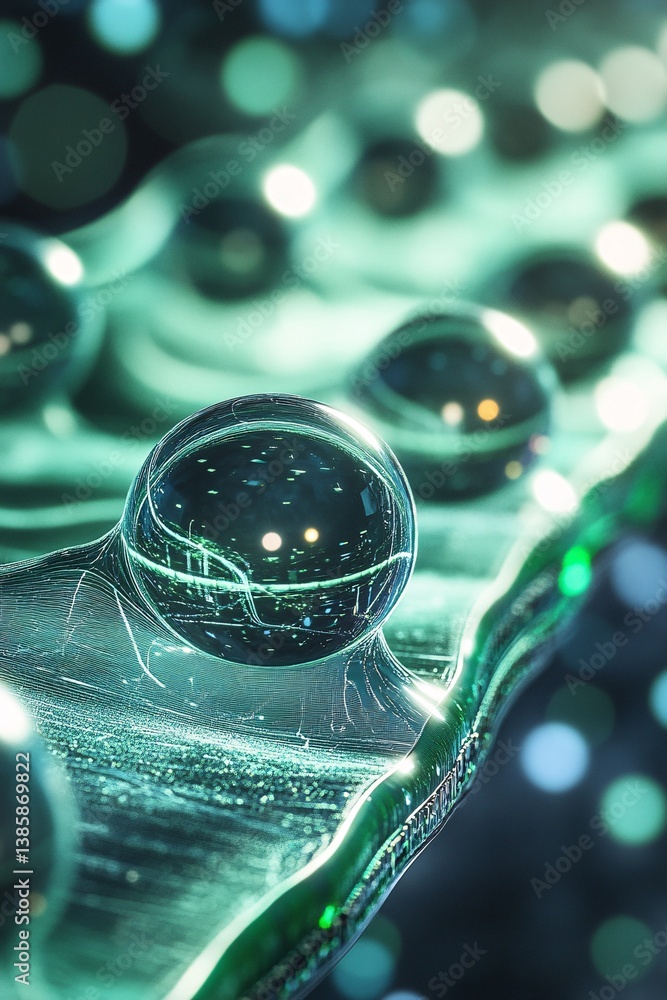 Poster glass spheres are balancing on a transparent surface creating a surreal scene