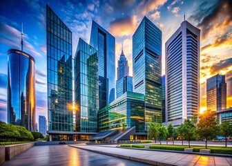 Fototapeta premium Modern Cityscape: Fintech District Architecture & Design, High-Resolution Stock Photo