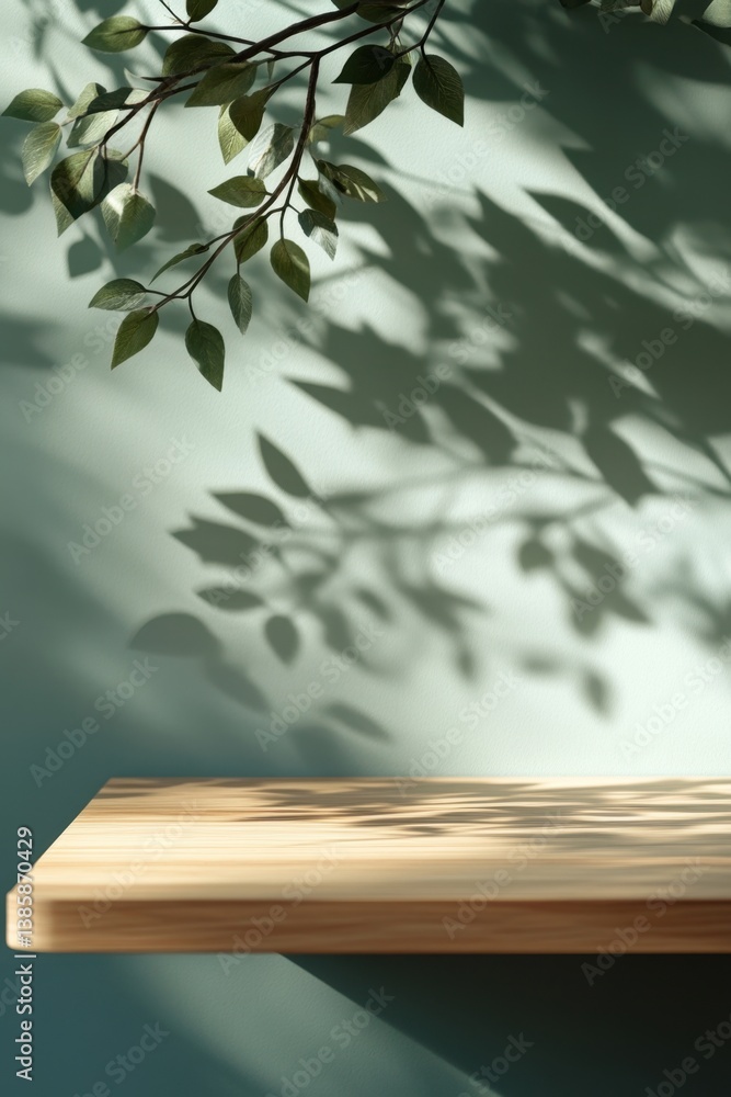 Poster serene product display with wooden shelf and delicate leaf shadows against a soft green wall creatin