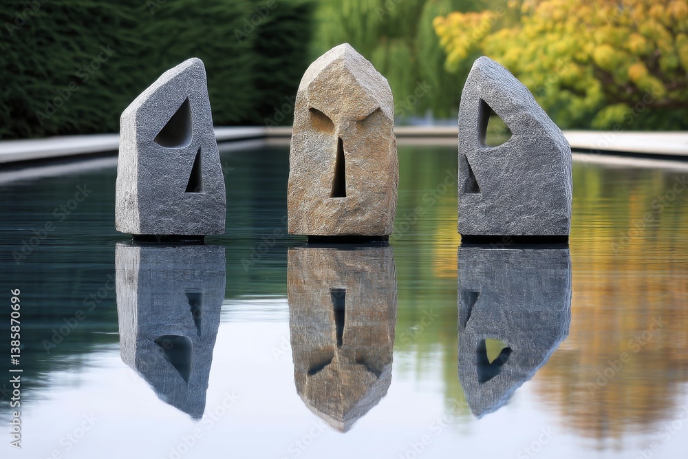 Poster serene stone reflections - three abstract stone sculptures are reflected in a calm pool of water, cr