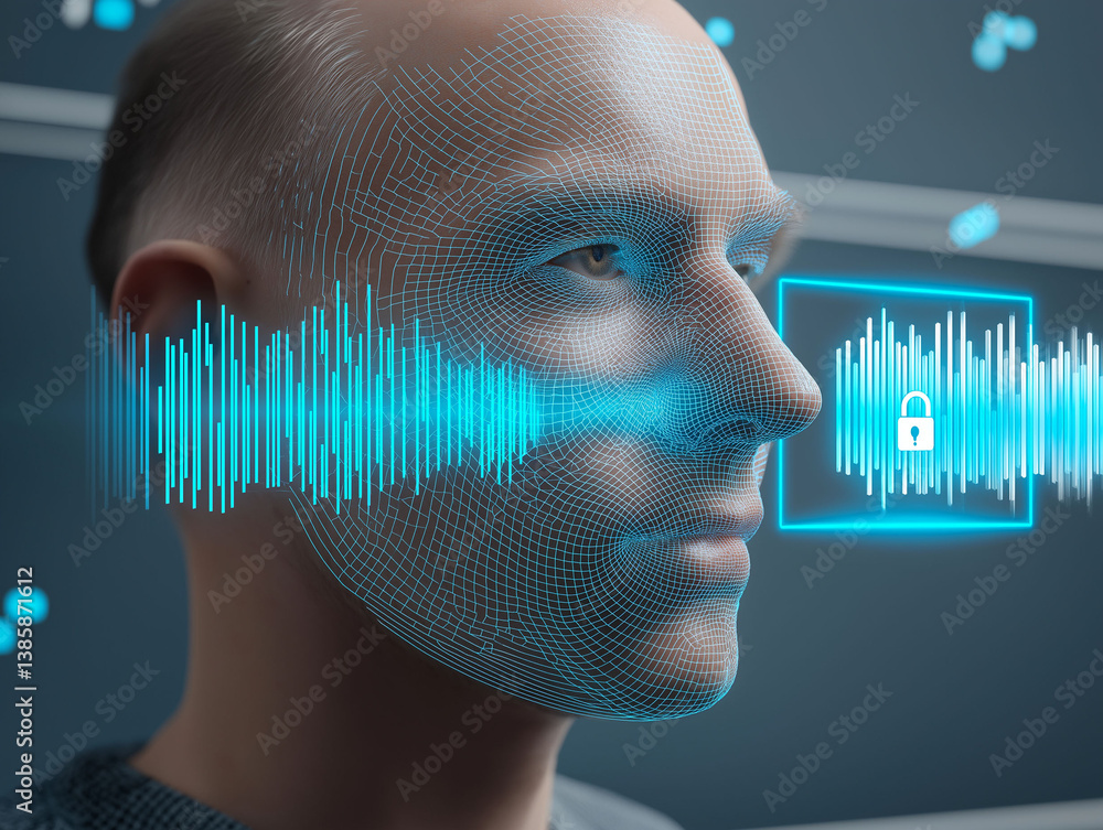 Aufkleber voice biometrics authentication ai. security privacy. identity data. recognition sound. biometric vo