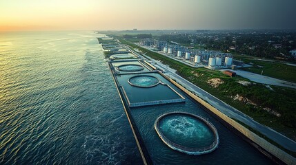 Coastal aquaculture facility with circular fish tanks at sunrise.
