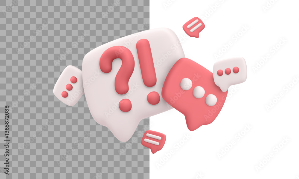 Poster chat bubble 3d icon with question and exclamation marks for messaging, communication, and support de