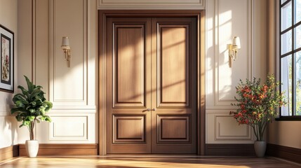 Elegant Entryway with Wooden Double Doors and Plants