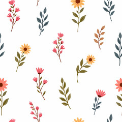 Hand drawn vector seamless flower pattern. Small various stylized red, yellow and pink flowers on white background