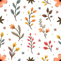 Hand drawn vector seamless flower pattern. Small various stylized red, yellow and pink flowers on white background