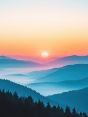 Majestic mountain range landscape at sunrise with fog and trees creating a serene and peaceful atmosphere scenic view from above