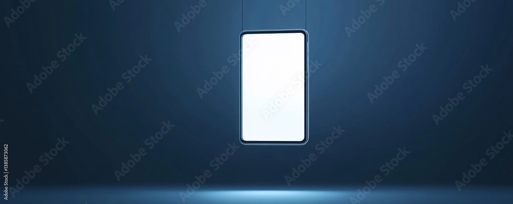 Poster Modern smartphone with blank white screen is hanging in an empty room with spot light shining from below