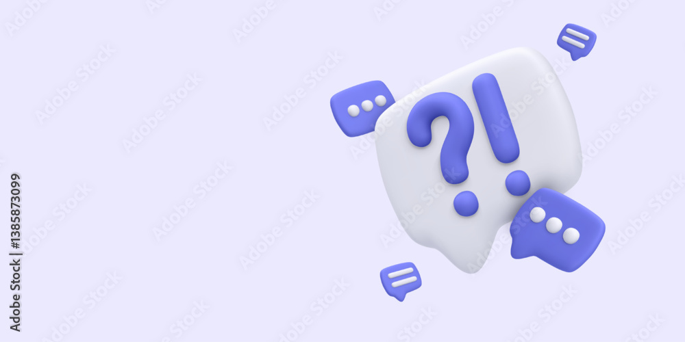 Fototapete Chat And Message Icons In 3D With Question And Exclamation Marks. Fun Purple Communication Elements For App, Web, Or Support UI. Clean And Minimal Style. Vector Illustration.