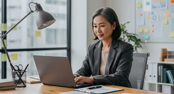 A focused businesswoman efficiently works on her laptop, illuminated by soft desk lamplight in a modern, organized office.