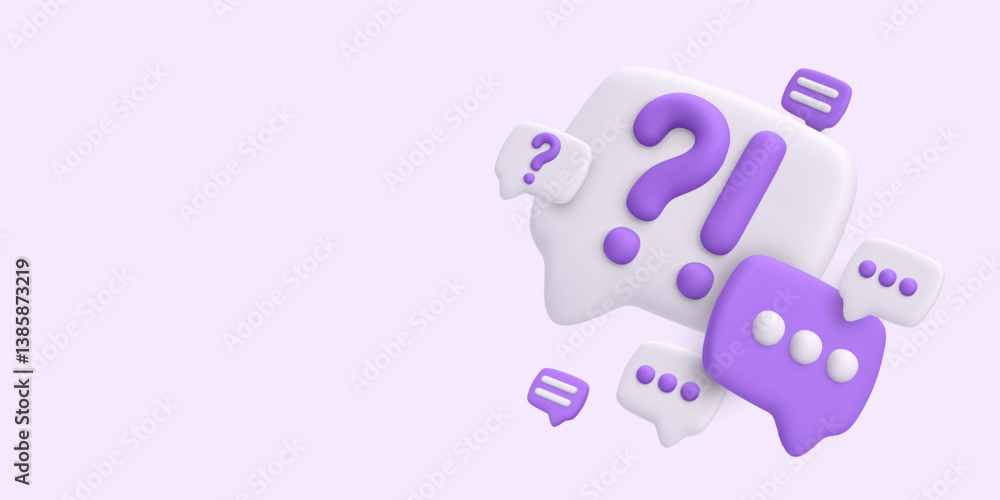 Fototapete Chat UI Elements With Question And Exclamation Marks In 3D Style. Purple Message Bubbles For Support, Feedback, Or App Interface Concepts. Clean Modern Look. Vector Illustration.