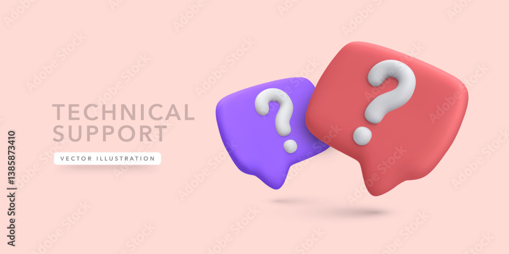 Poster support icon with 3d question mark chat bubbles on pastel background. ideal for help desk, faq, cust