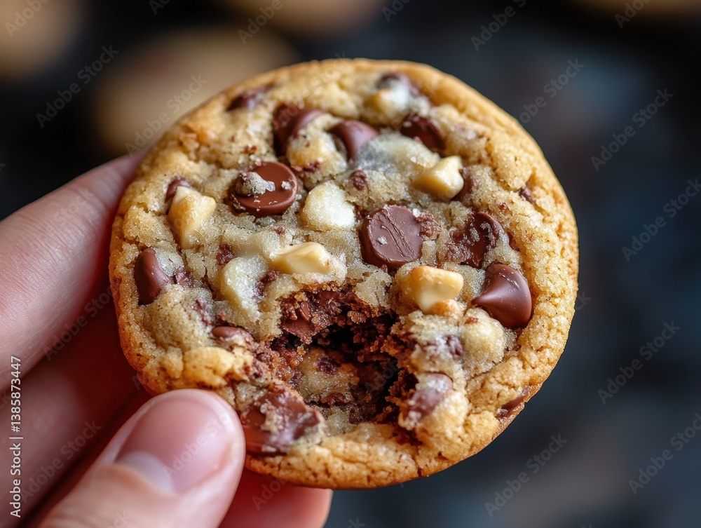Poster close up of a delicious chocolate chip cookie held in hand showing a bite mark with a dark backgroun