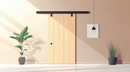 Modern Minimalist Interior with Sliding Door and Plants