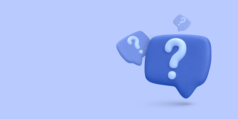 Question Mark Chat Bubbles In 3D Style On Blue Background. Perfect For Help Desk, FAQ Page, Support Center, And Mobile App UI Projects. Minimal And Modern Vector Illustration.