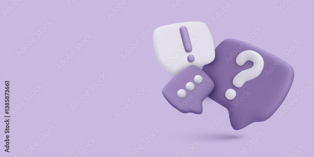 Poster support chat icon with 3d question and exclamation symbols on purple background. modern help center 